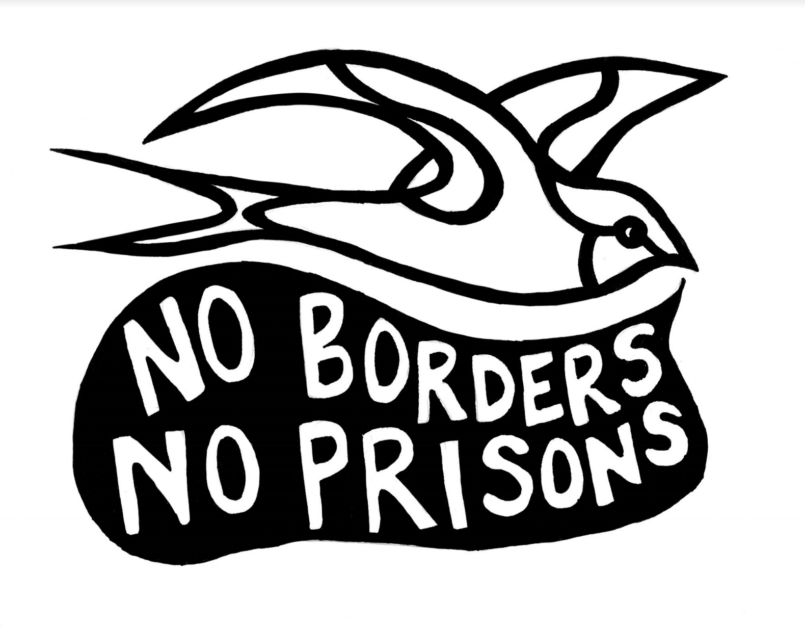 Bird flying a banner that says 'NO BORDERS NO PRISONS'